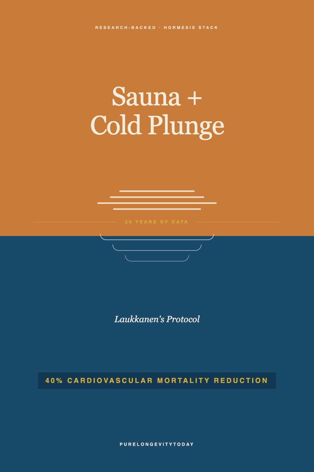 Split editorial illustration showing sauna heat lines above and cold plunge water ripples below, illustrating Laukkanen's 20-year hormesis protocol for cardiovascular longevity.