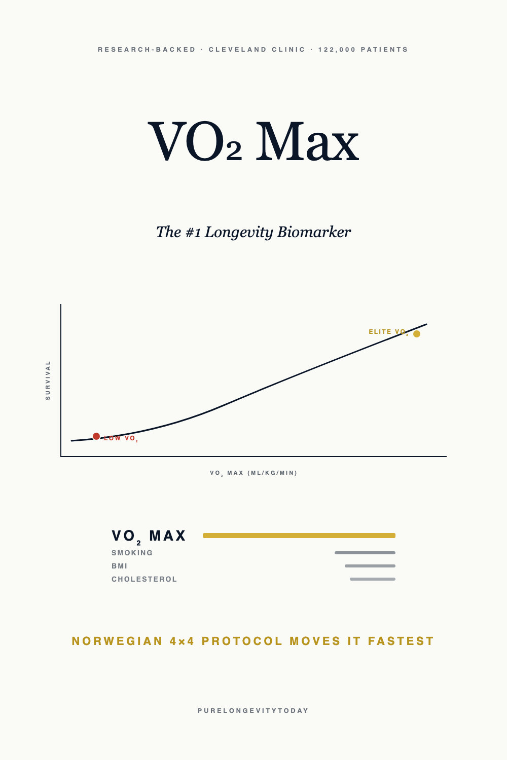 Clinical white infographic showing VO2 max as the #1 longevity biomarker, ranked above smoking, BMI, and cholesterol for lifespan prediction.