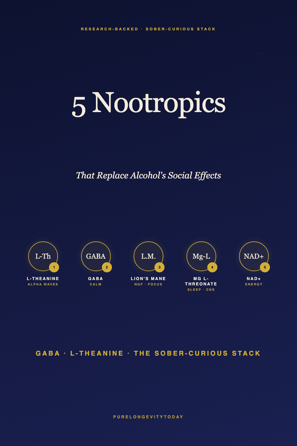 Midnight blue editorial pin showing 5 nootropics — L-Theanine, GABA, Lion's Mane, Magnesium L-Threonate, NAD+ — that replace alcohol's social effects.