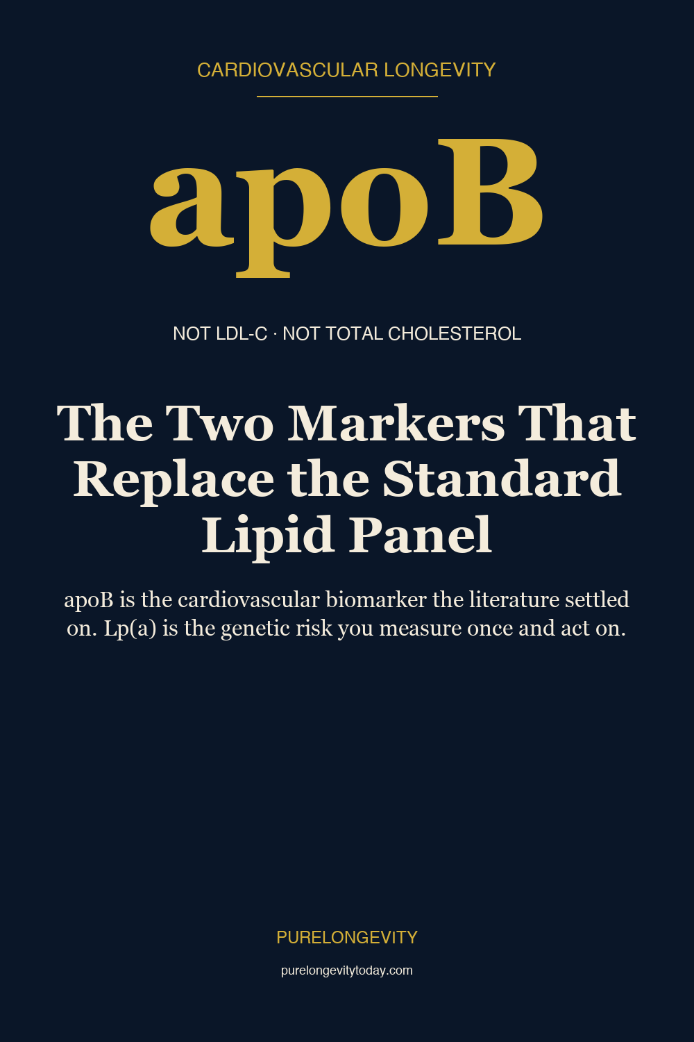 Editorial pin showing apoB as the cardiovascular biomarker the longevity research literature settled on, replacing the standard LDL-C panel.