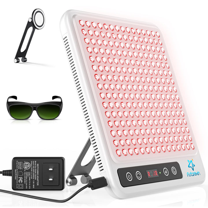Tabletop Red Light Therapy Panel for Face · 225 Dual-Chip LEDs · 660+850nm · Adjustable Stand + Timer