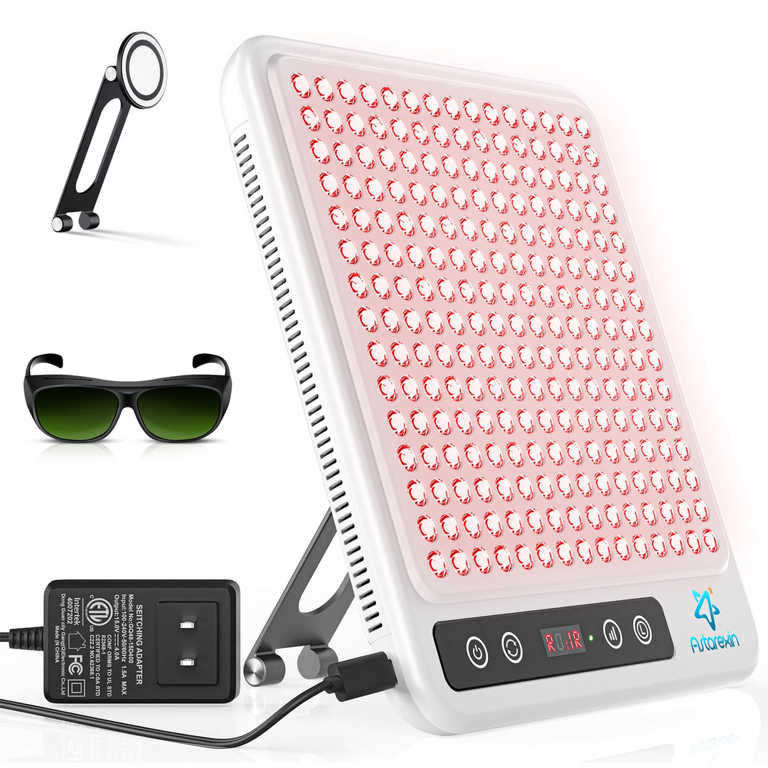 Tabletop Red Light Therapy Panel for Face · 225 Dual-Chip LEDs · 660+850nm · Adjustable Stand + Timer